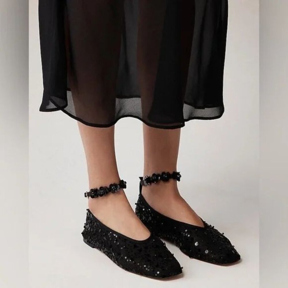 J. Crew Quinn Black Sequin And Mesh Ballet Flats w/Removable Ankle Strap Sz 7.5 - Picture 1 of 12